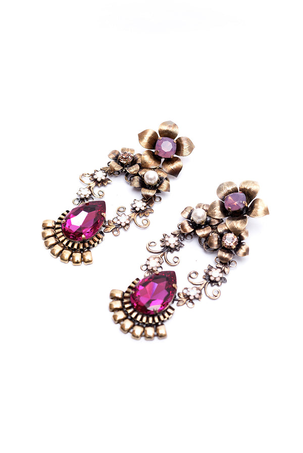 Pink crystal and gold flower vintage retro earrings