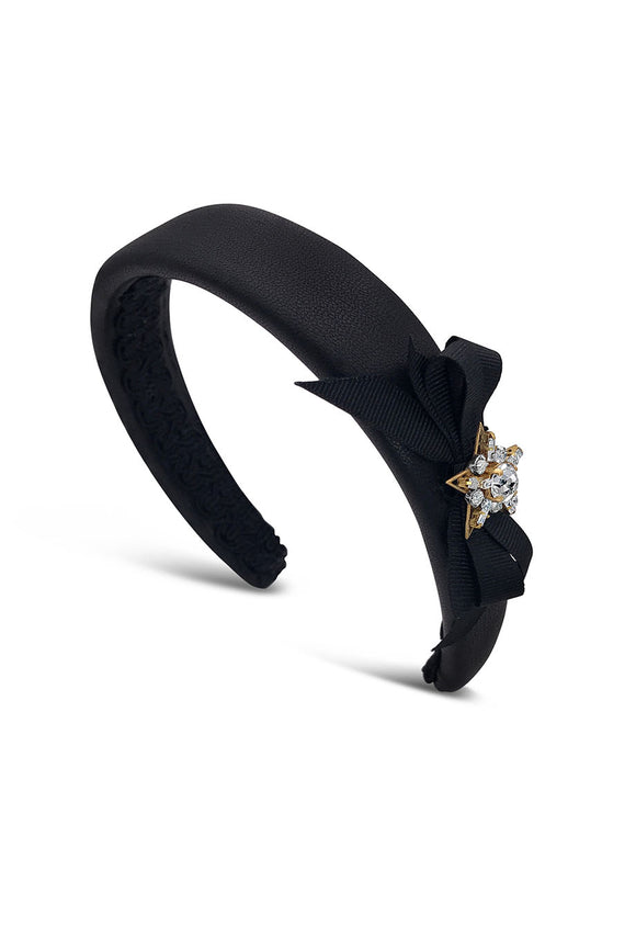 jewelled star and bow black leather headband