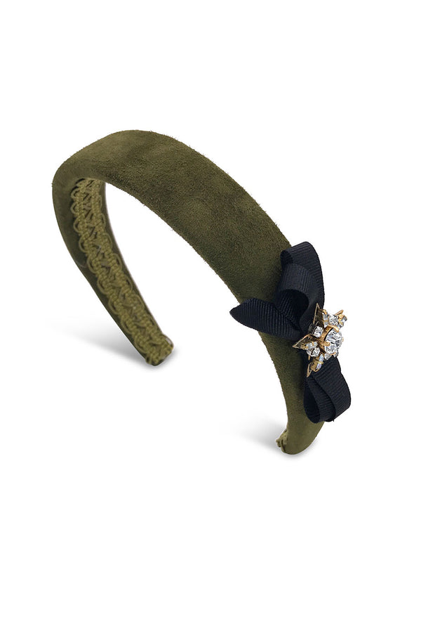 jewelled star and bow olive suede headband