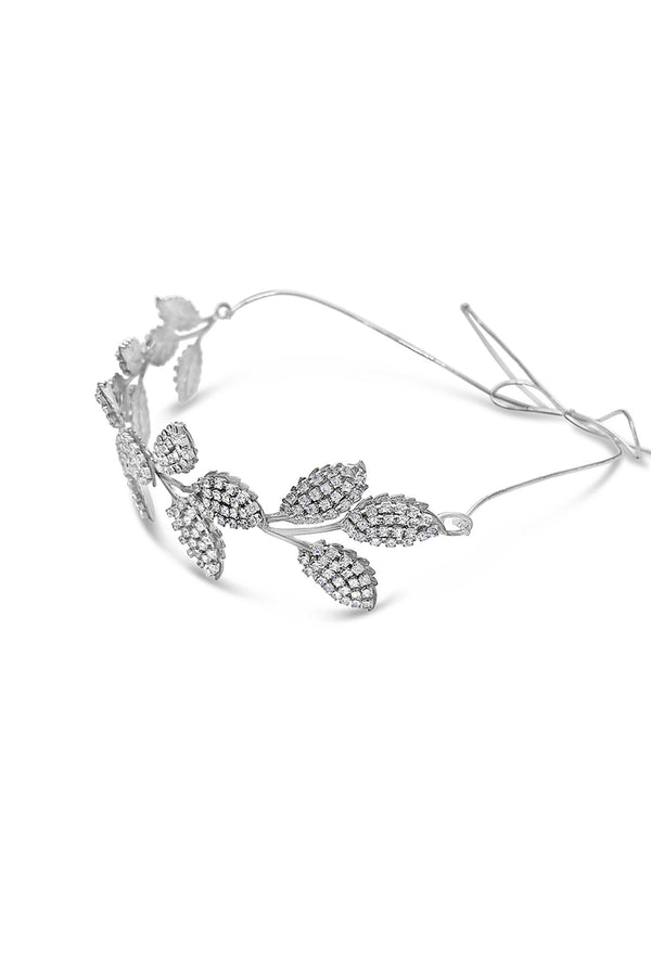 silver headpiece of crystal encrusted leaves 